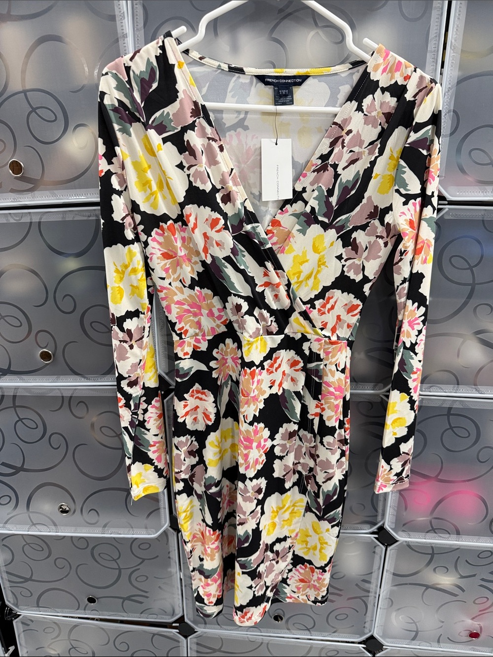 French Connection Black Floral Long-Sleeve Wrap Dress with Yellow and Pink